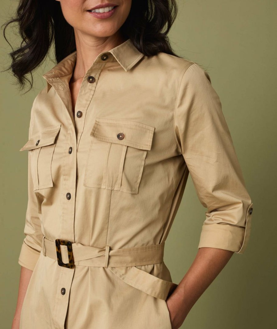 Women * | Buy Untuckit Kaia Safari Shirt Dress Dresses & Skirts Tan