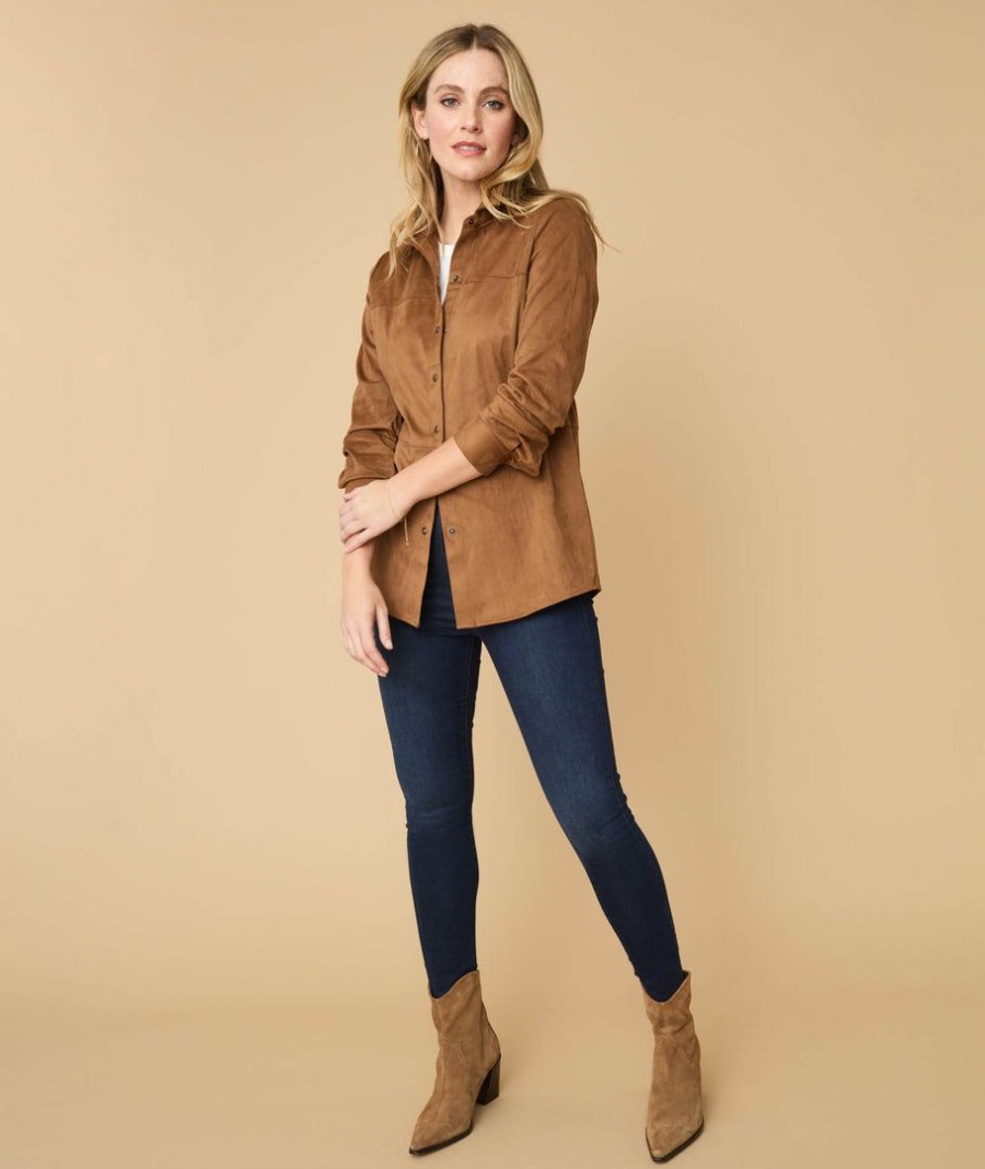 Women * | Cheapest Untuckit Suede Snap-Front Regan Overshirt Brown