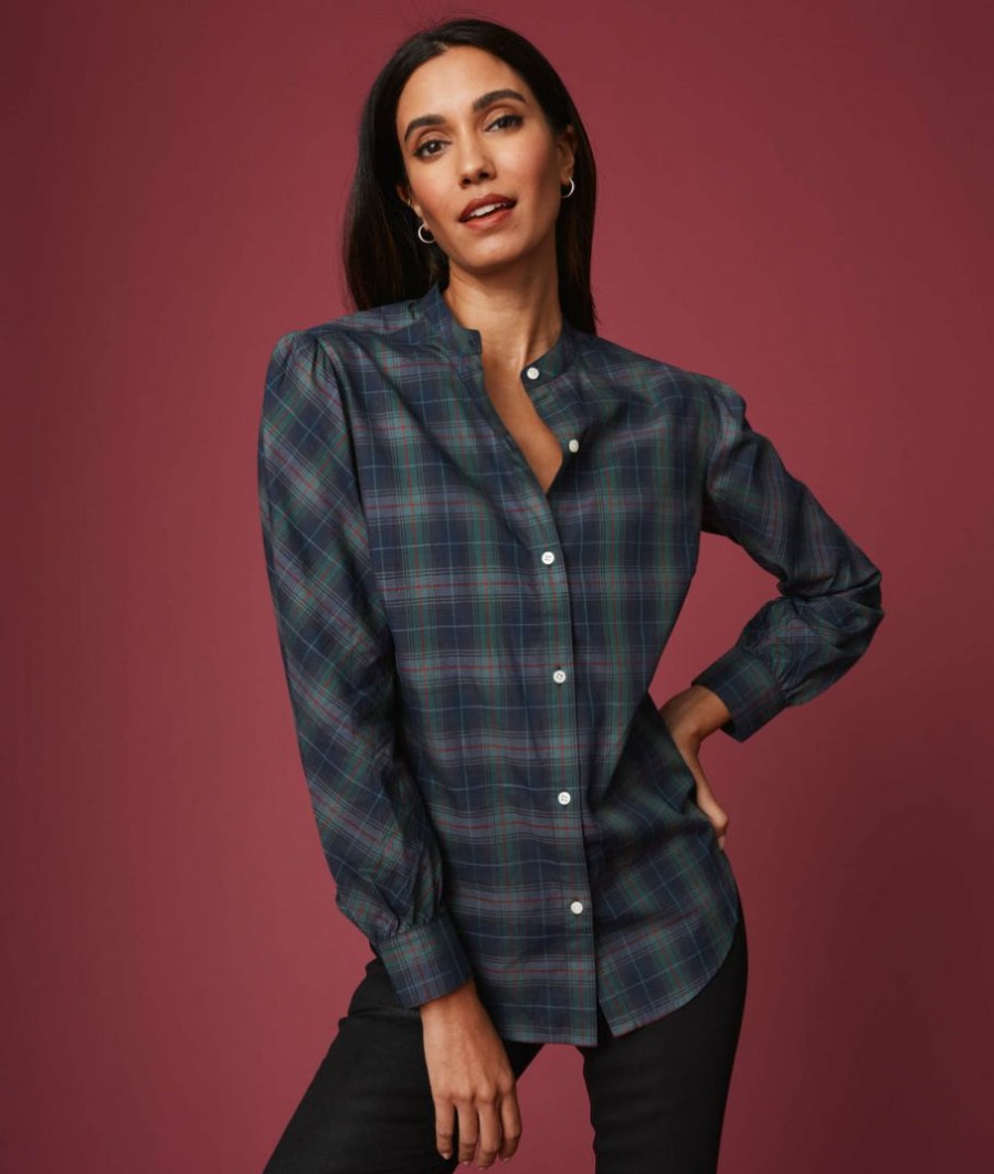 Women * | Outlet Untuckit Hunter Plaid Band Collar Esme Shirt Shirts Navy