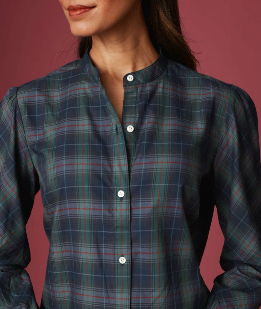 Women * | Outlet Untuckit Hunter Plaid Band Collar Esme Shirt Shirts Navy