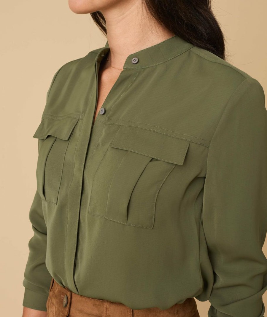 Women * | Discount Untuckit Shirts Collarless Double-Pocket Gloria Shirt Green