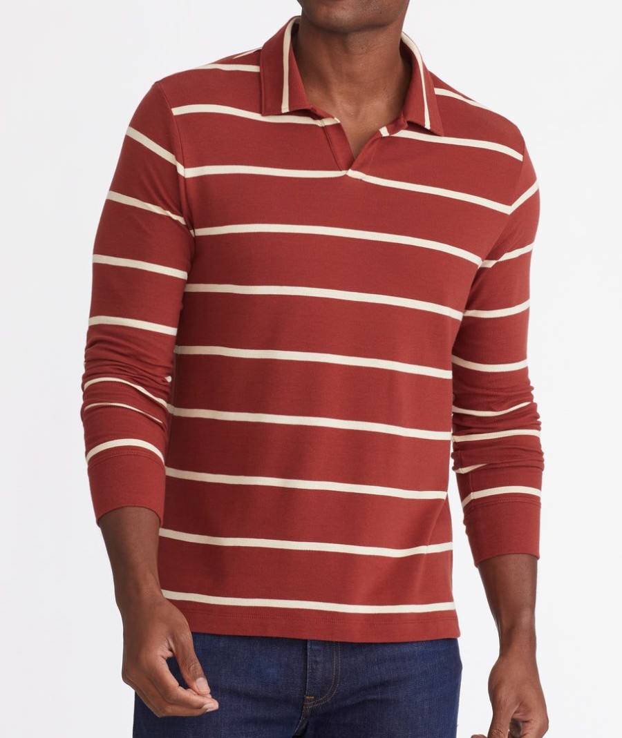 Men * | Cheap Untuckit Striped Johnny Collar Polo Polos Mid Red